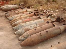 Cluster munitions carrier bombs awaiting destruction